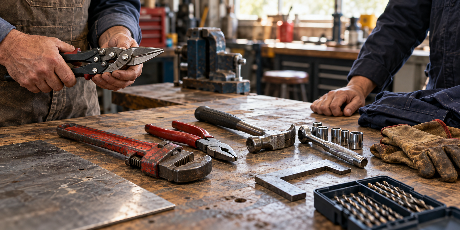 Illustrative workshop bench with tin snips, pipe wrench, pliers, hammer, sockets and drill bits
