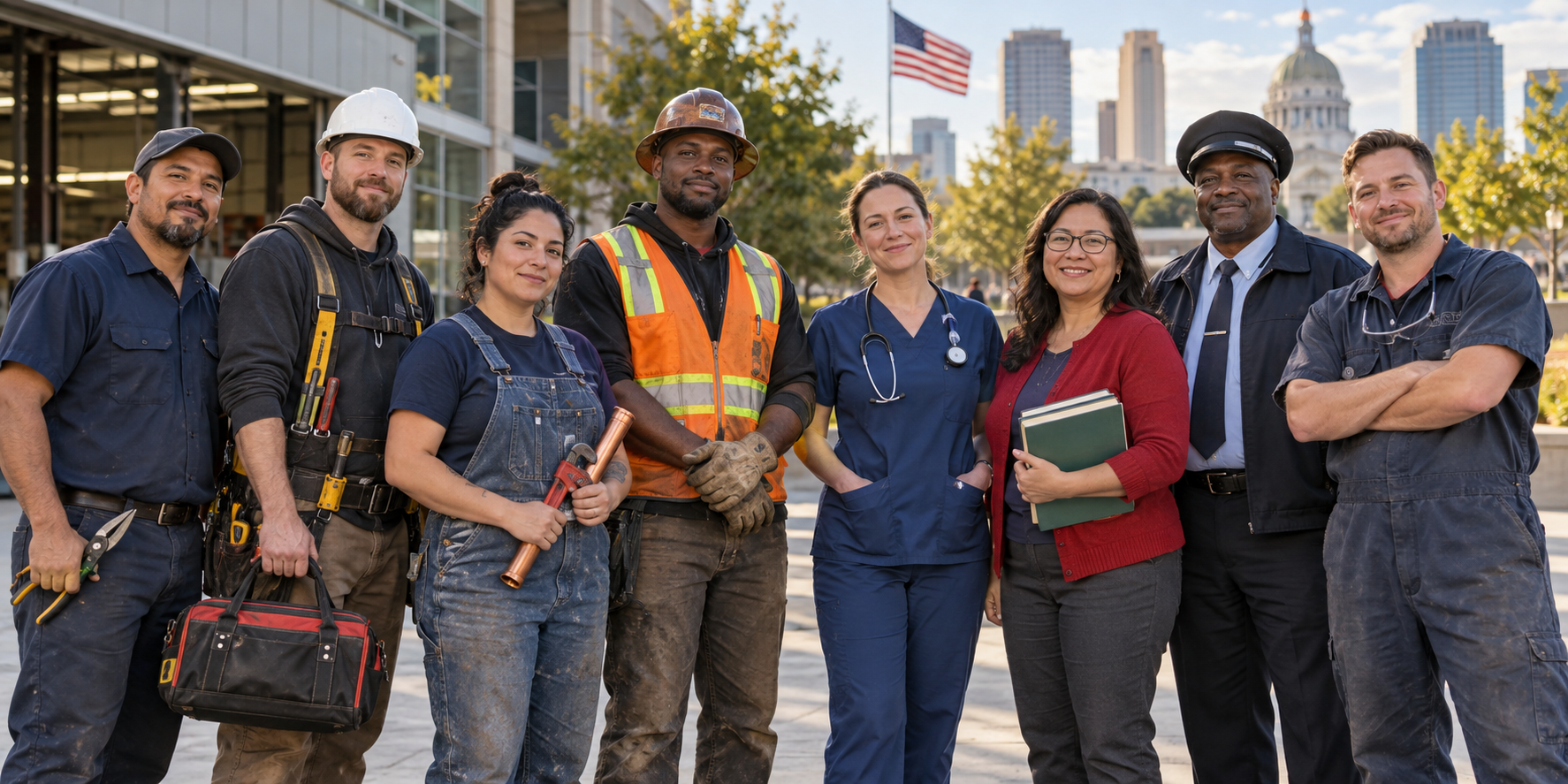 Illustrative group of building-trades, healthcare, education, transportation and manufacturing workers